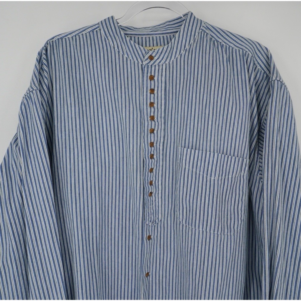 Civilian Irish Grandfather Shirt 100% Cotton Button Down XL Blue Striped